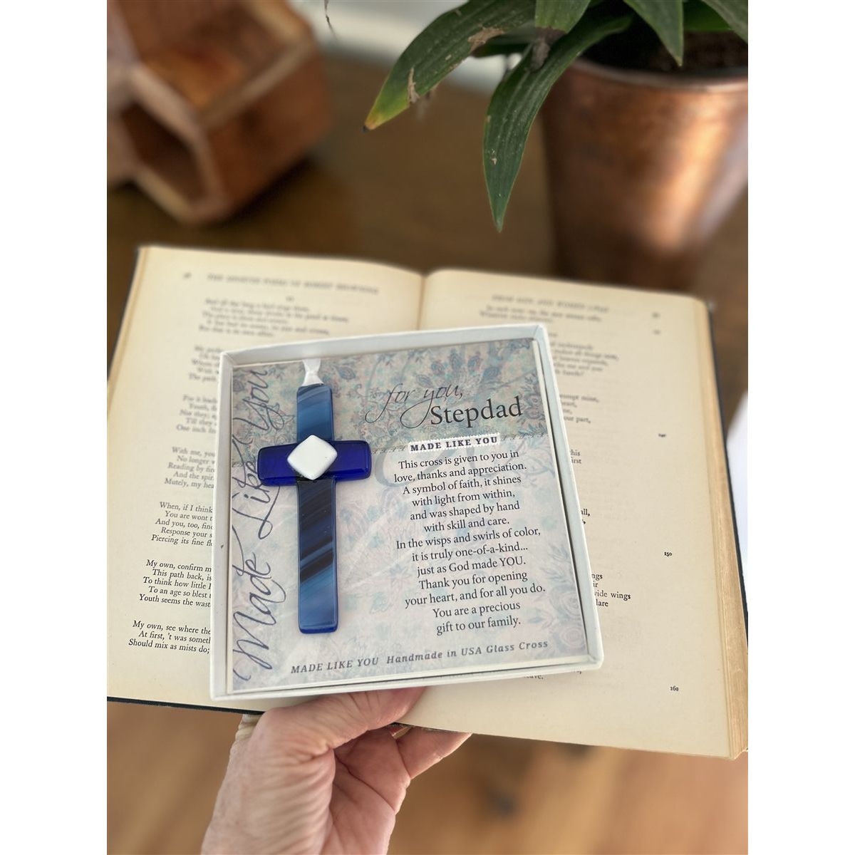 Stepdad blue glass cross and sentiment.