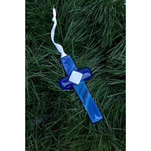 5 of 5:Blue glass cross with white satin ribbon for hanging.