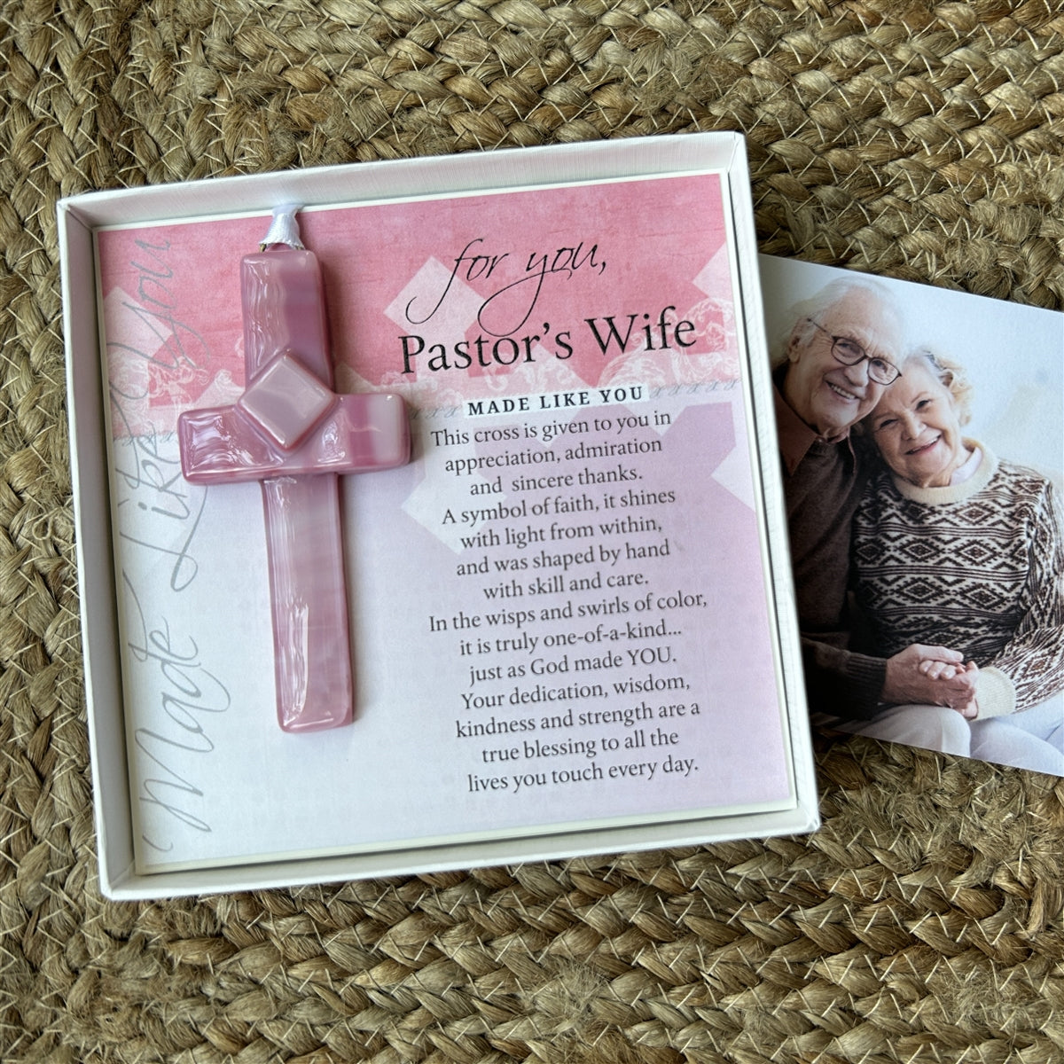 "For You, Pastor's Wife" cross gift on a table.