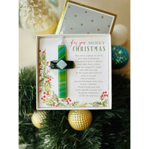 2 of 5:Christmas cross and sentiment in box in front Christmas decor.