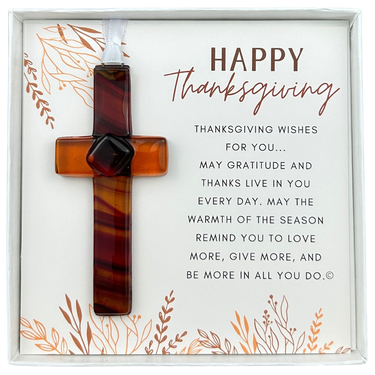 Thanksgiving Gift - Handmade 4" amber/brown glass cross and "Happy Thanksgiving" sentiment in white box with clear lid