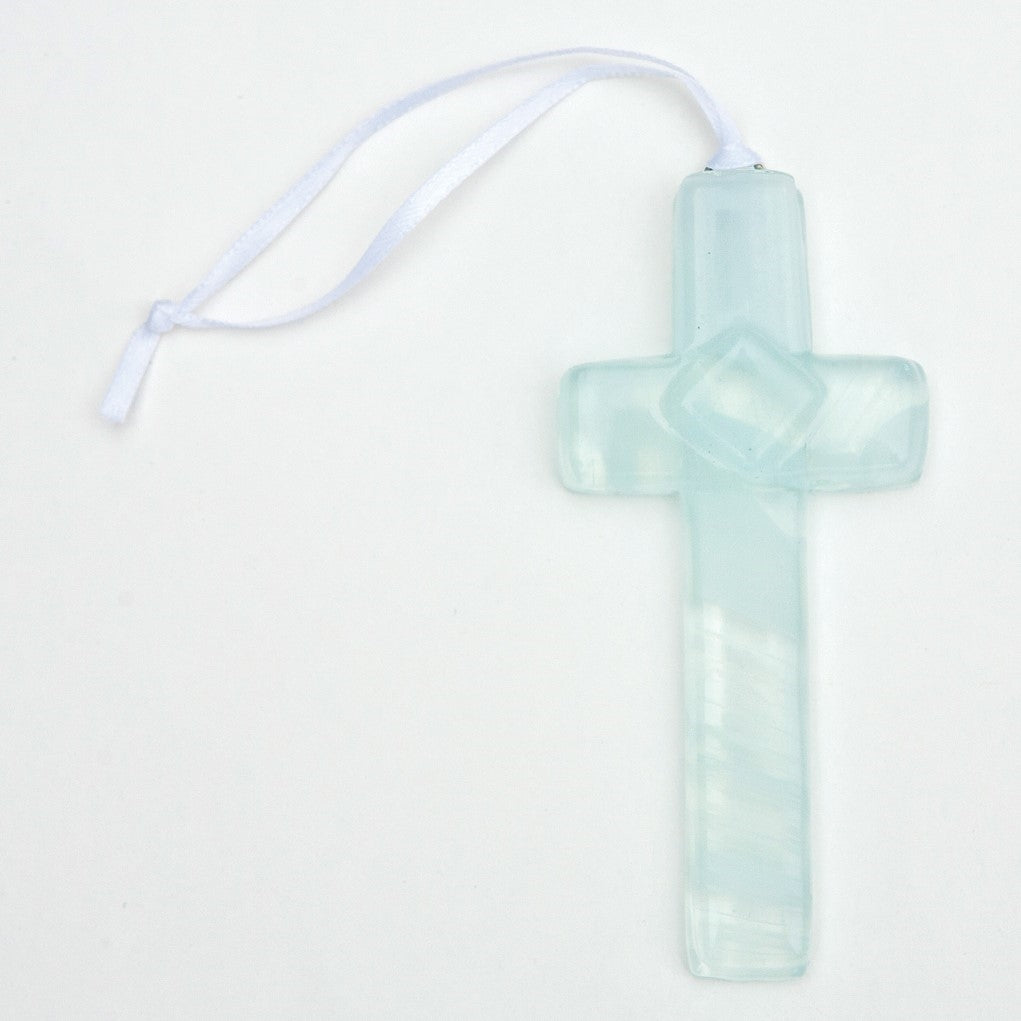 Clear glass cross with white satin ribbon for haning.