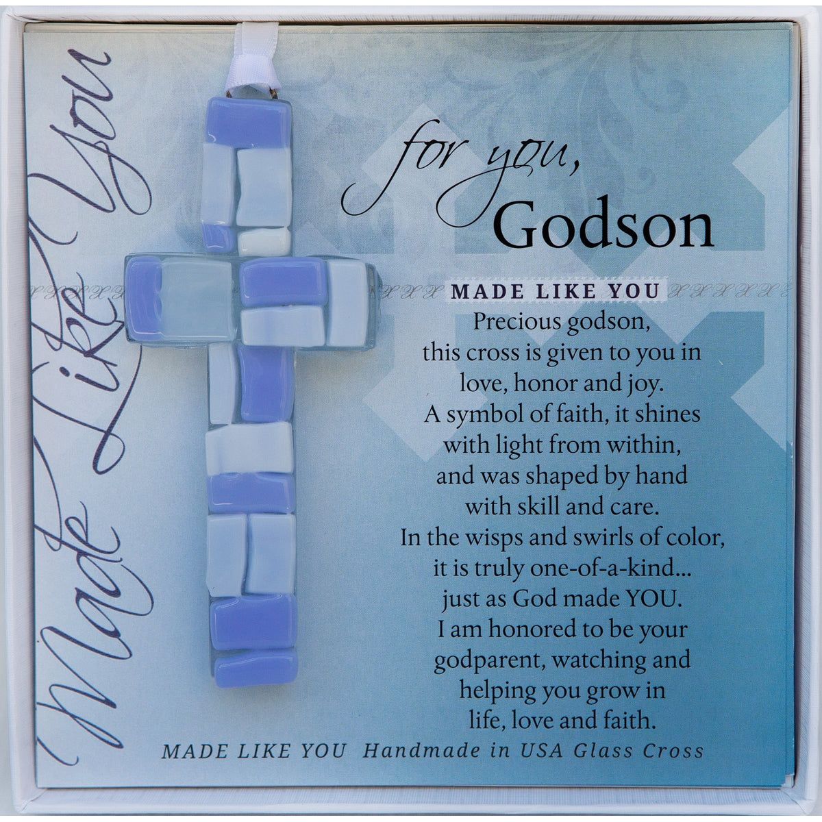 Godson Gift - Handmade 4" blue mosaic glass cross and "For You, Godson" sentiment in white box with clear lid.