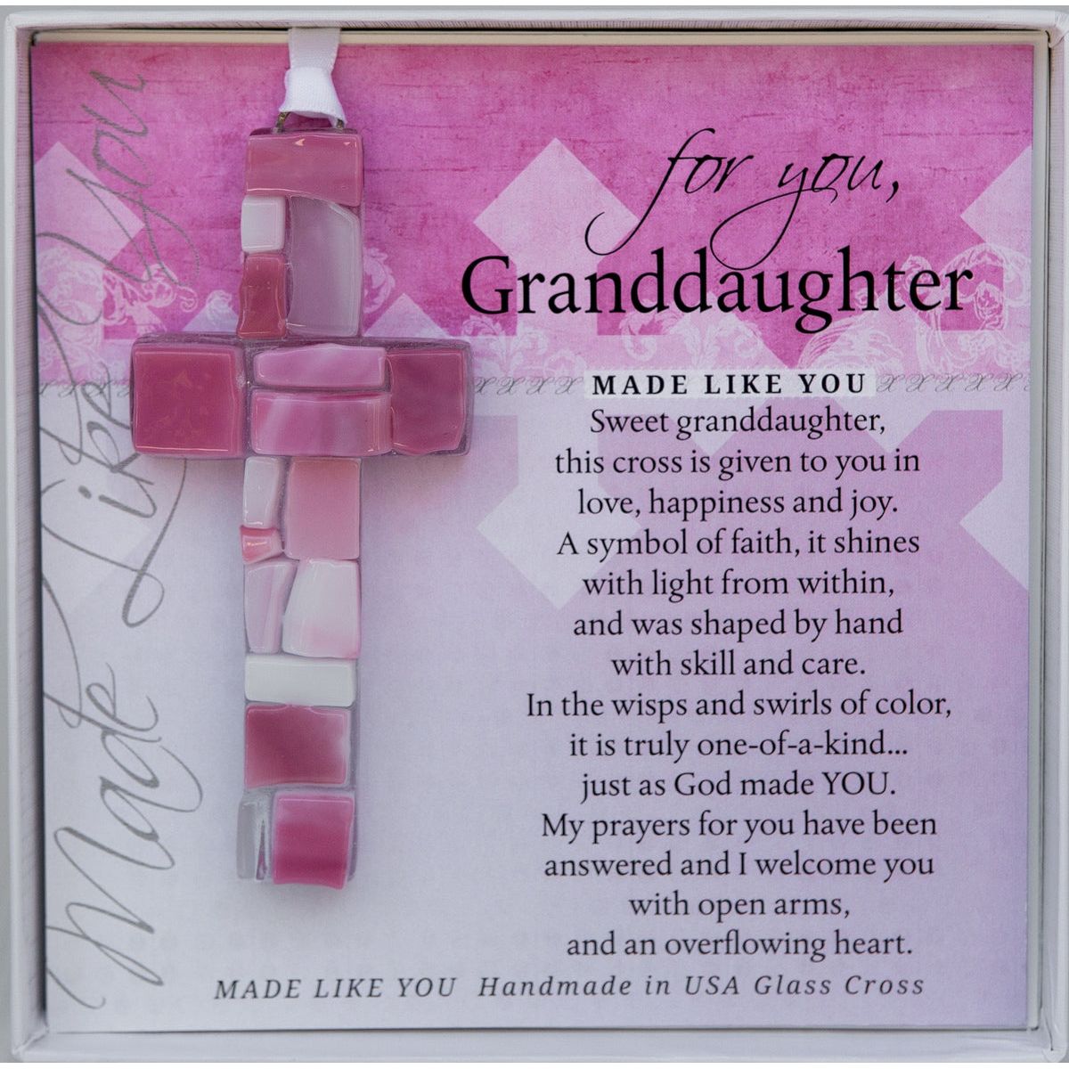 Granddaughter Gift - Handmade 4" pink mosaic glass cross and "For You, Granddaughter" sentiment in white box with clear lid.