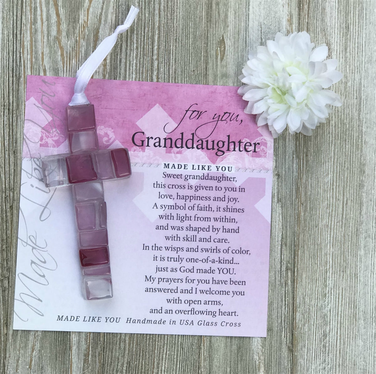 Pink mosaic cross with shades of pink, clear, and white lying on the "For You, Granddaughter" sentiment artwork.