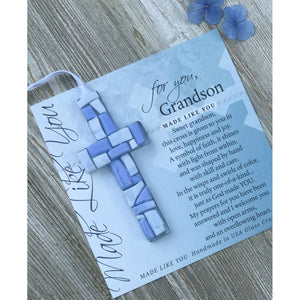2 of 4:Blue Mosaic cross with shades of blue and white glass lying on the For You, Grandson sentiment artwork.