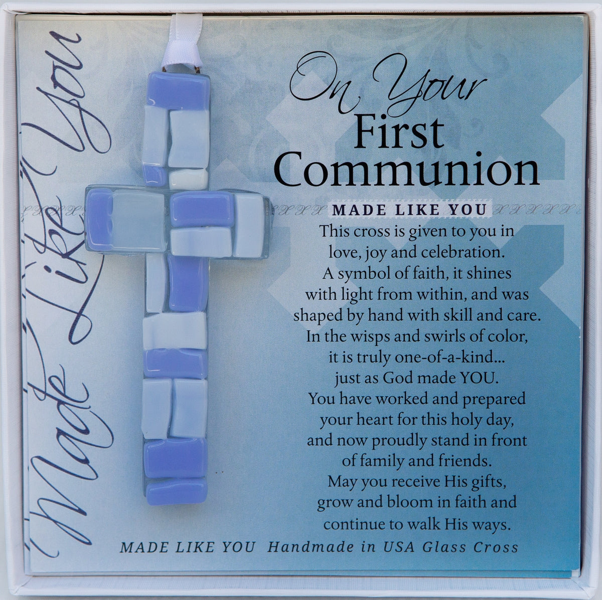 First Communion Gift - Handmade 4" blue mosaic glass cross and "On Your First Communion" sentiment in white box with clear lid.