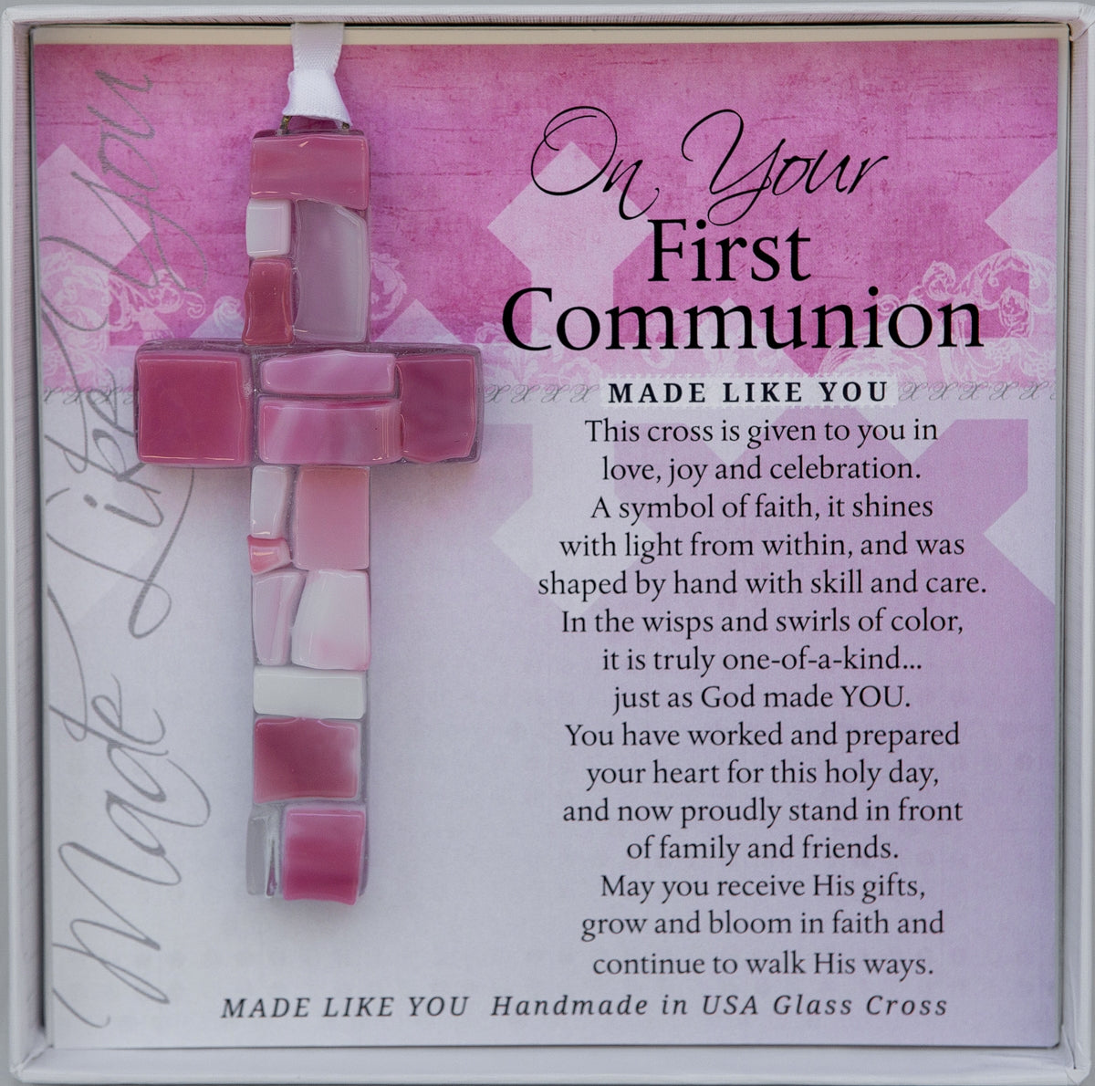 First Communion Gift - Handmade 4" pink mosaic glass cross and "On Your First Communion" sentiment in white box with clear lid.