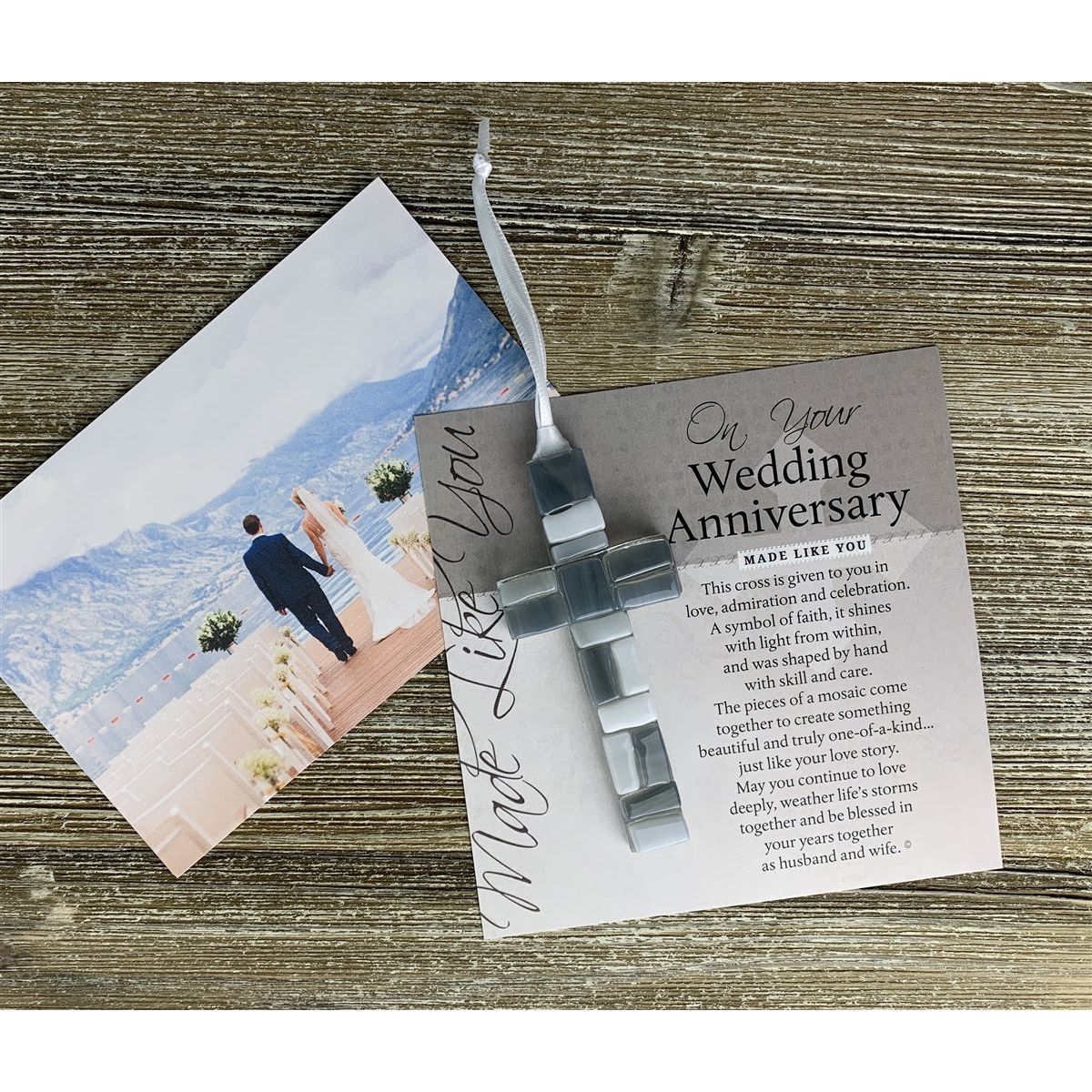 Gray mosaic cross and "On Your Wedding Anniversary" sentiment.
