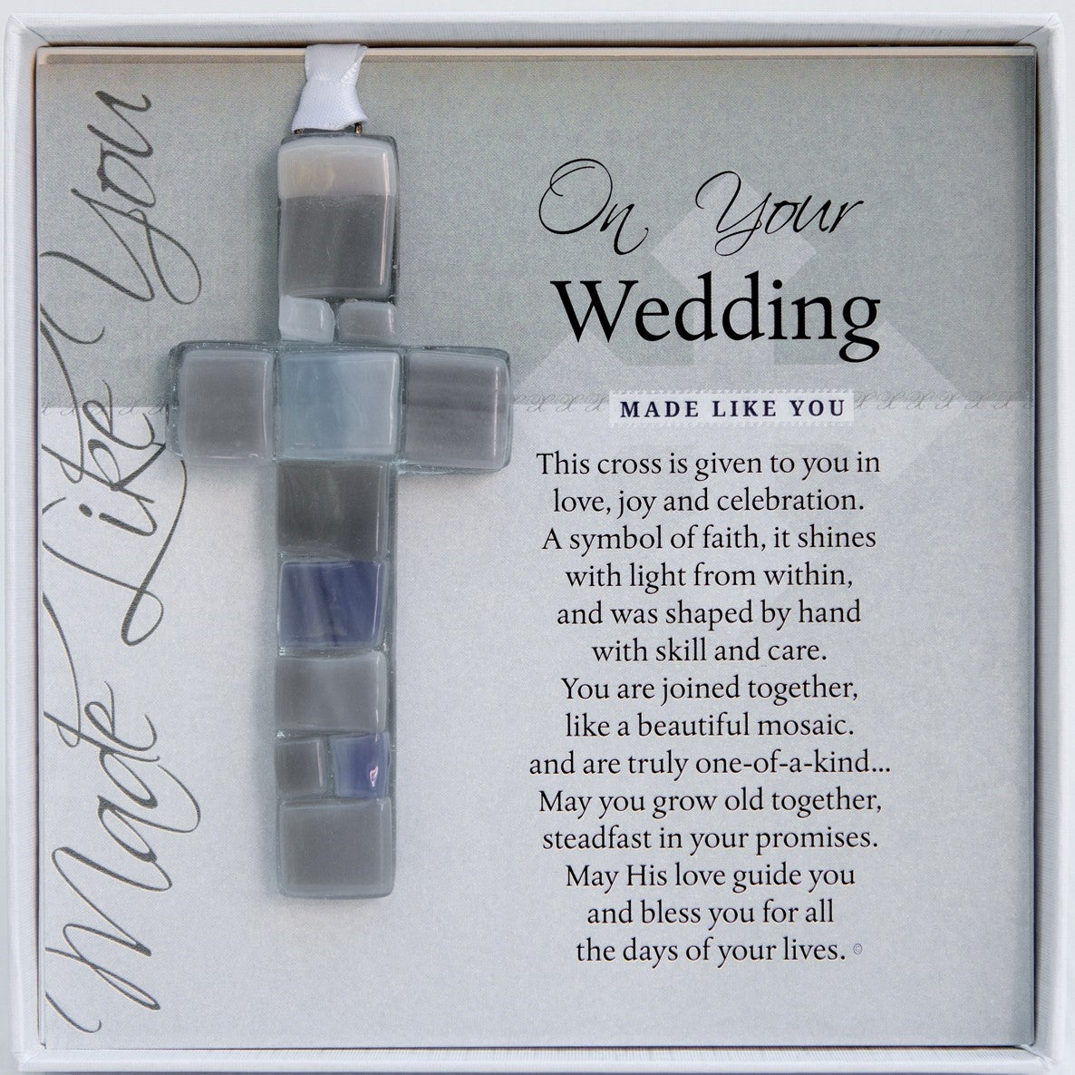 Wedding Gift: handmade 4" gray toned mosaic glass cross and " On Your Wedding" sentiment card in white box with clear lid.