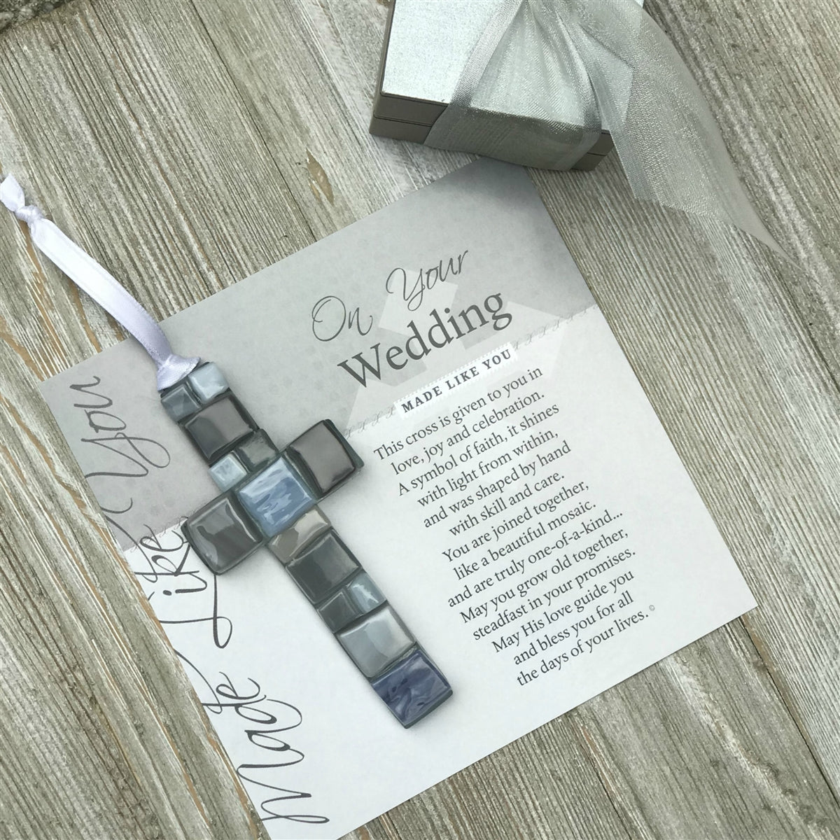 Gray mosaic cross and "On Your Wedding" sentiment.