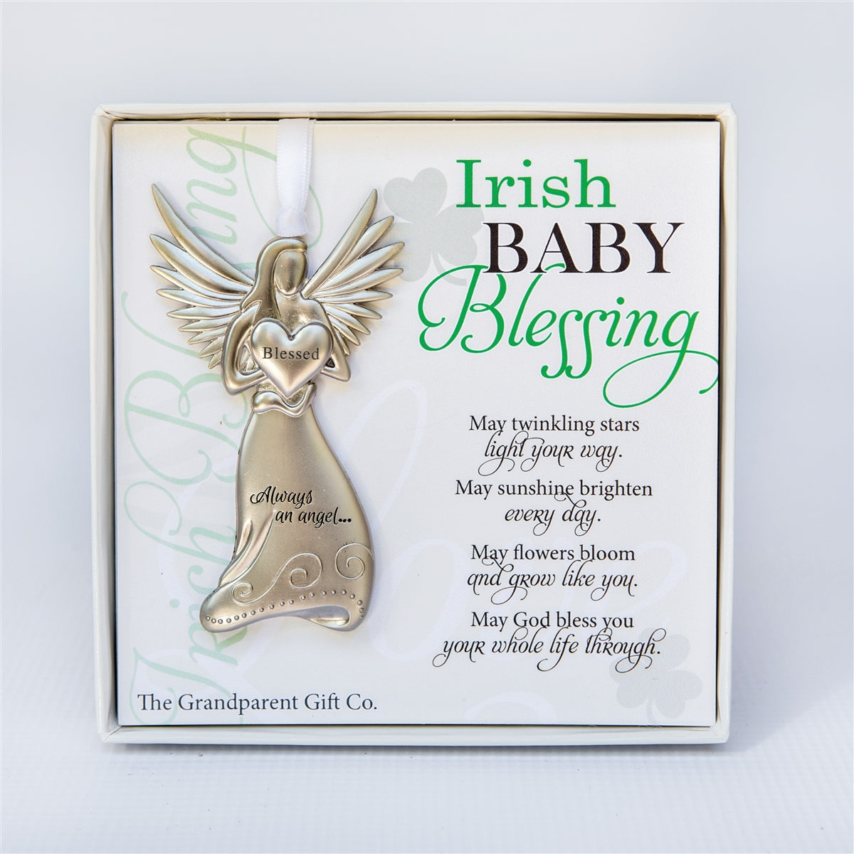 Irish Blessing Baby Gift - 4" metal blessed angel ornament with "Irish Baby Blessing" poem in white box with clear lid.