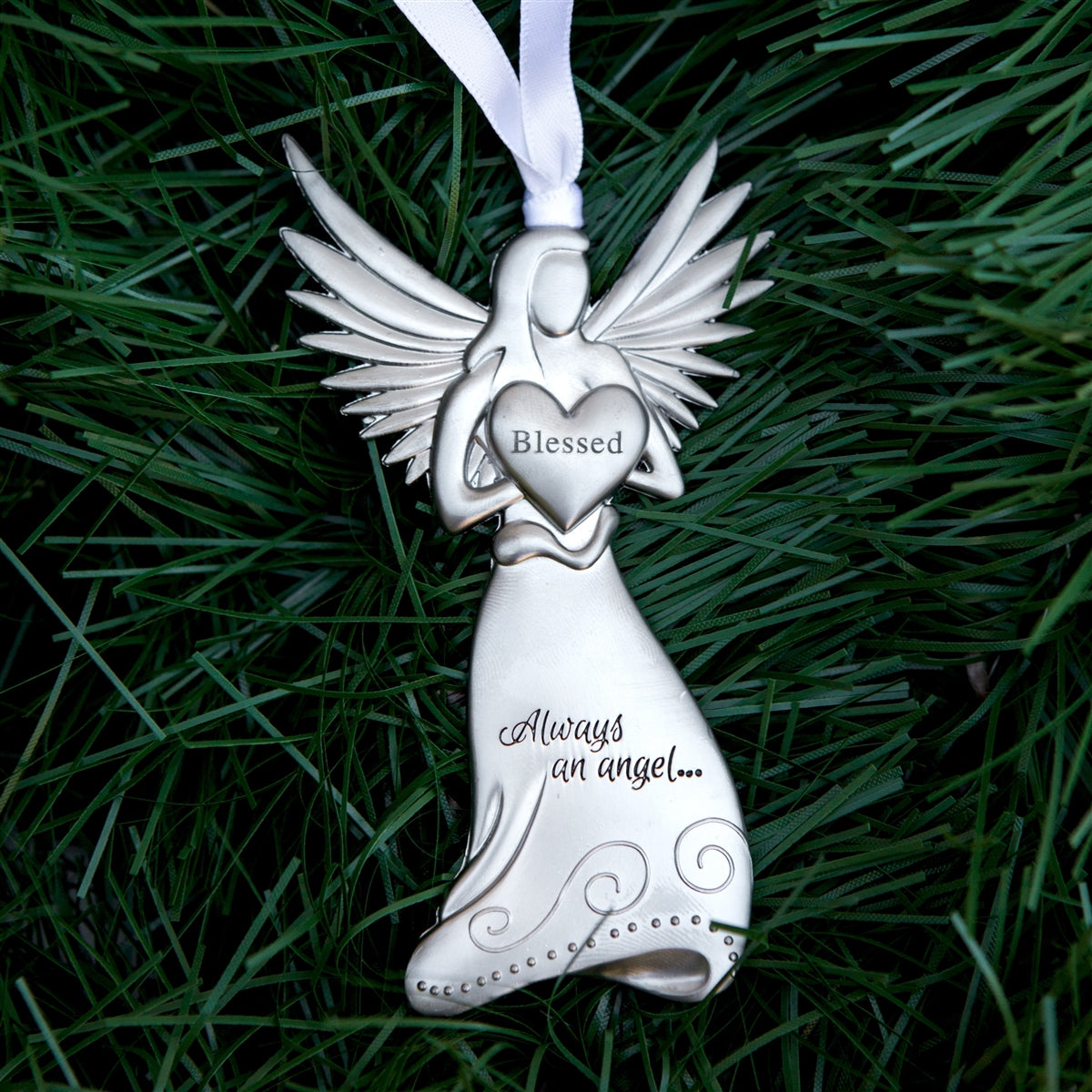 Silver toned metal angel holding a heart with the word &quot;Blessed&quot; in the center and &quot;Always and angel ...&quot; engraved on the angel&#39;s skirt