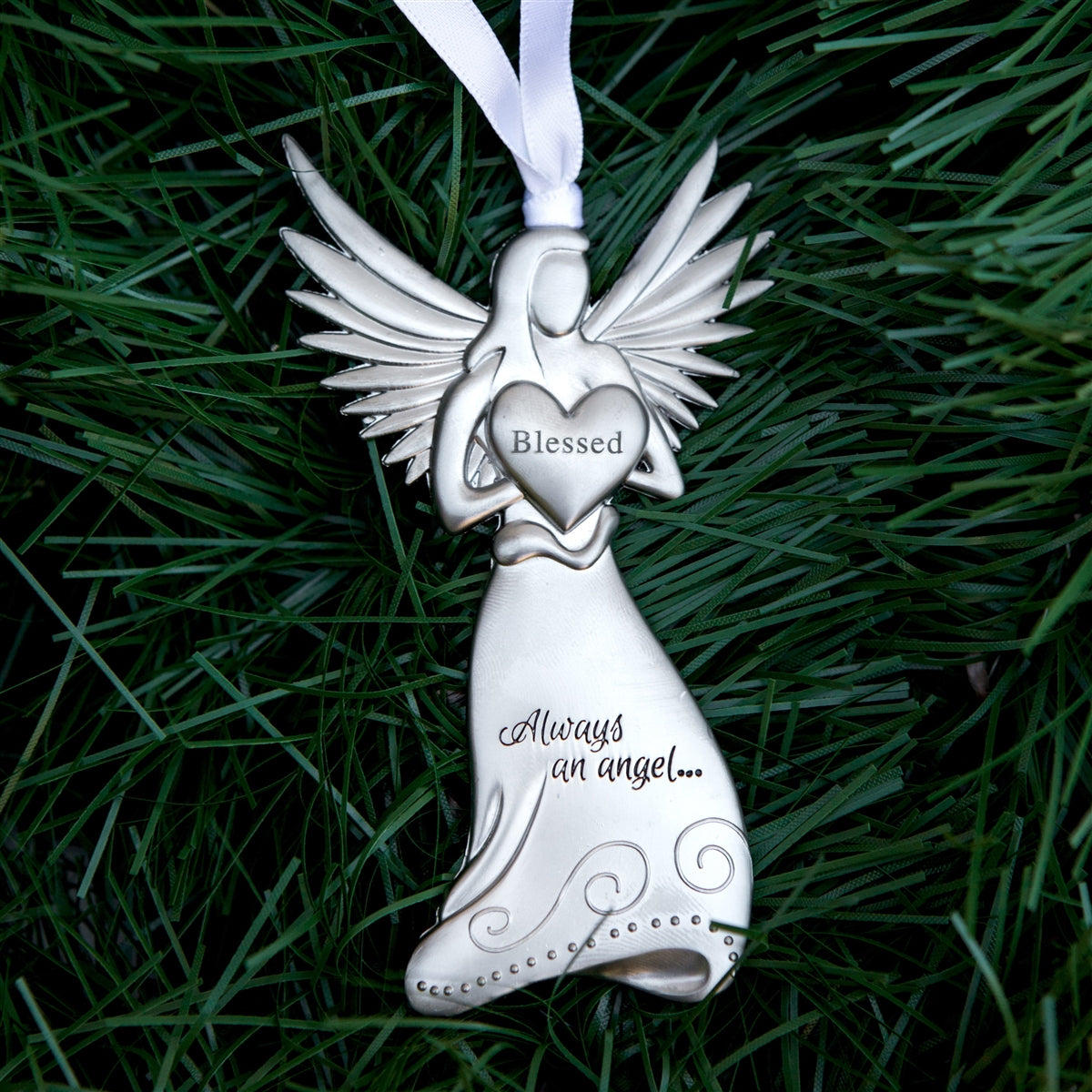 Silver toned metal angel holding a heart with the word "Blessed" in the center and "Always and angel ..." engraved on the angel's skirt