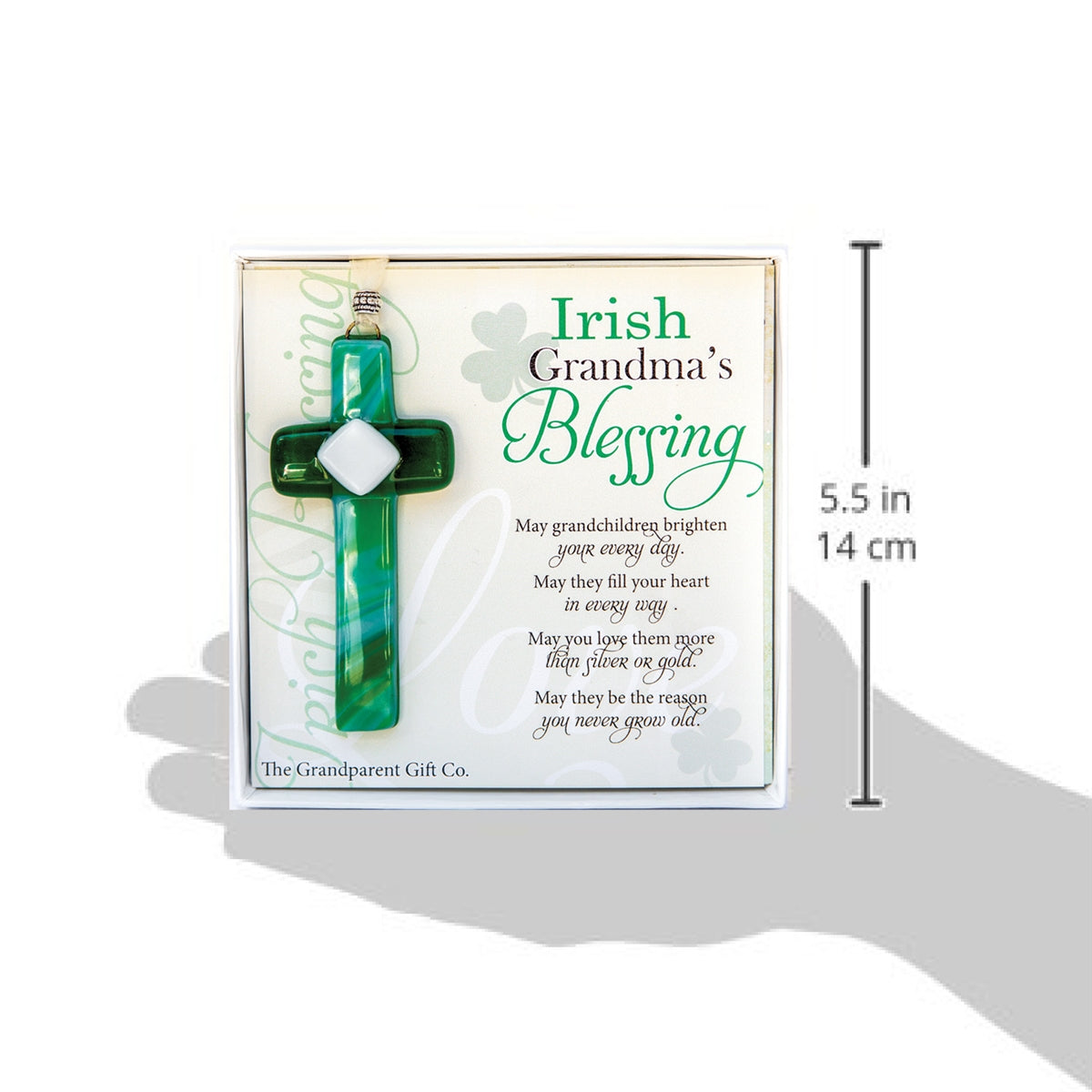 Irish Grandma gift being "held" in a hand showing perspective of the 5.5" box.