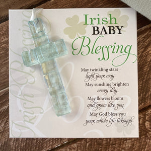 2 of 5:Irish Baby Blessing sentiment on heavy cardstock paired with clear glass mosaic cross.