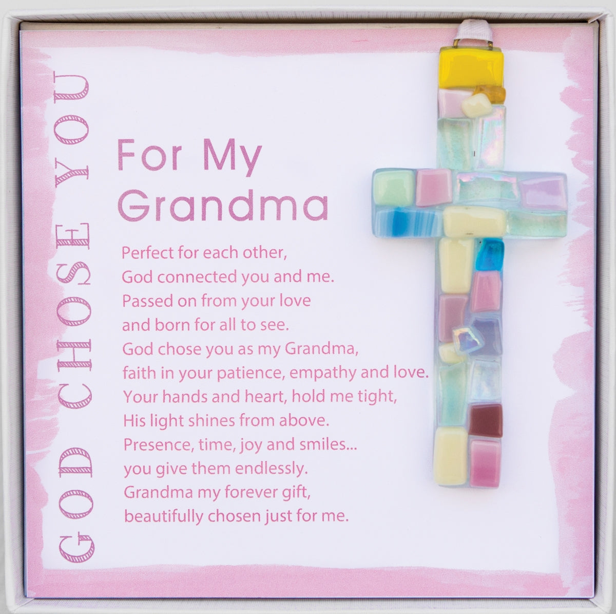 Handmade 4" pastel mosaic glass cross and "For My Grandma" sentiment in white box with clear lid.