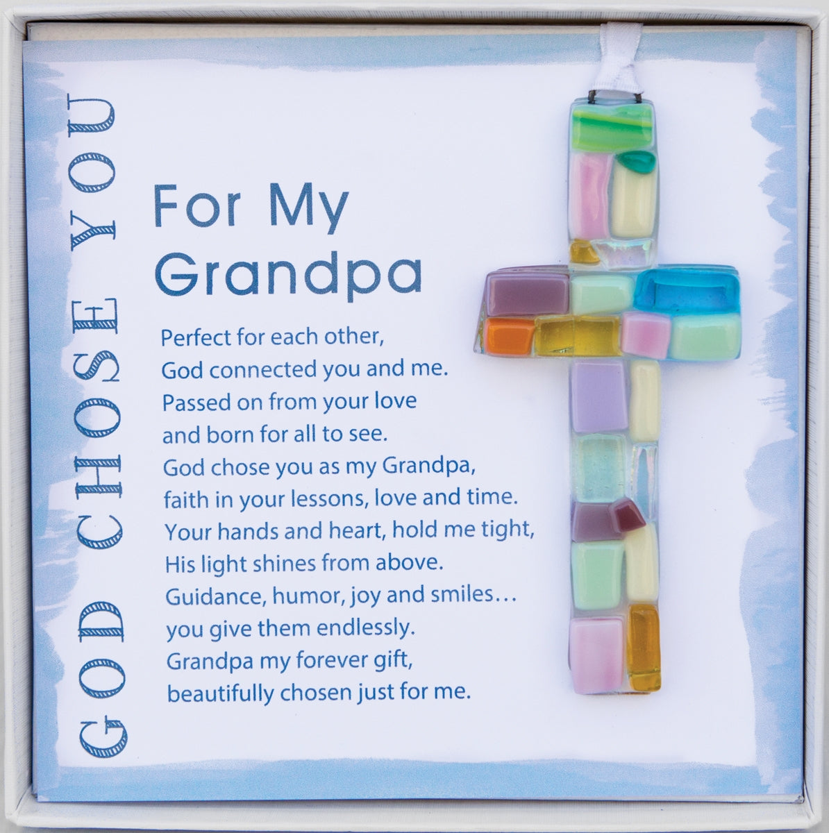 Handmade 4" pastel mosaic glass cross and "For My Grandpa" sentiment in white box with clear lid.