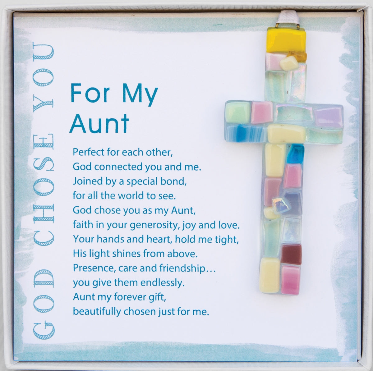 Handmade 4" pastel mosaic glass cross and "For My Aunt" sentiment in white box with clear lid.