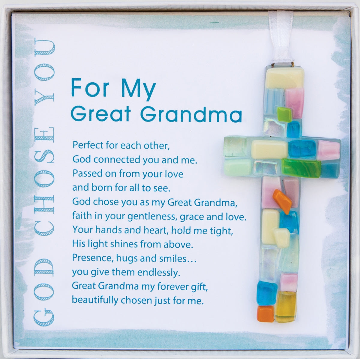 Handmade 4" pastel mosaic glass cross and "For My Great Grandma" sentiment in white box with clear lid.