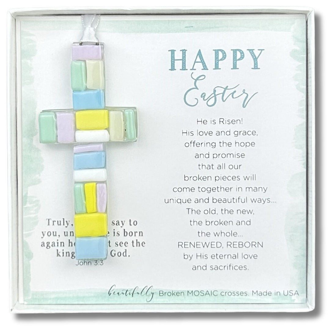 Handmade 4" pastel mosaic glass cross and "Happy Easter" sentiment in white box with clear lid.