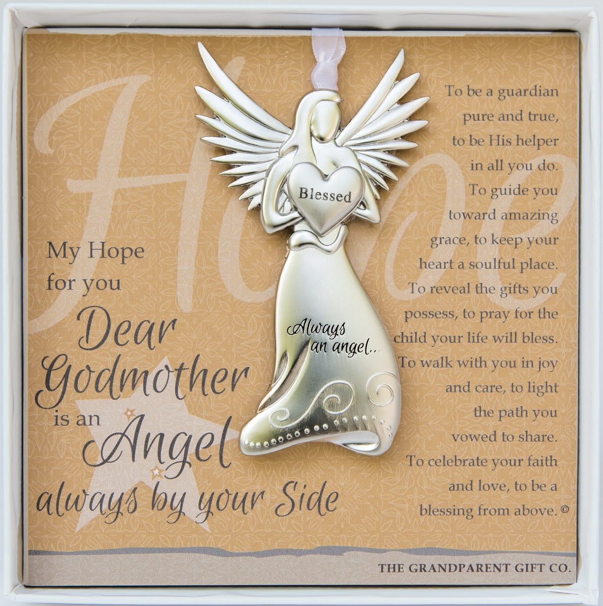 Godmother Gift - 4" metal blessed angel ornament with "Precious Godmother" poem in white box with clear lid.