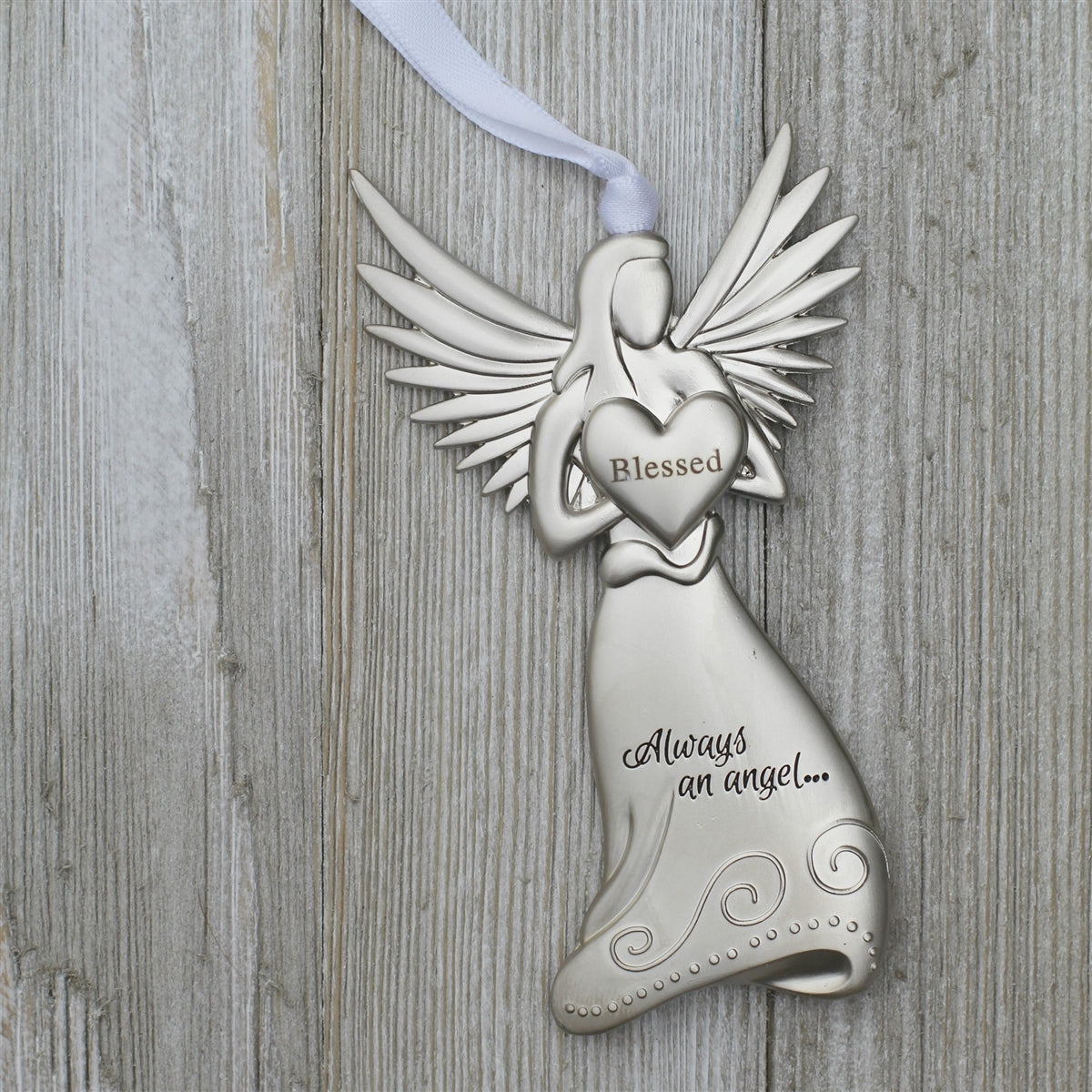 Angel with white satin ribbon for hanging.