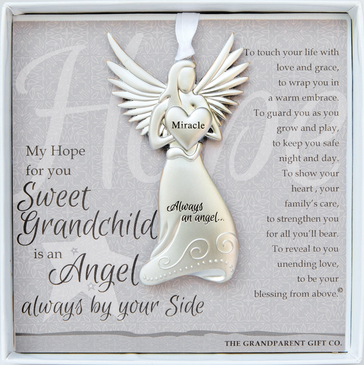 Grandchild Gift- 4" metal miracle angel ornament with "Sweet Grandchild" poem in white box with clear lid