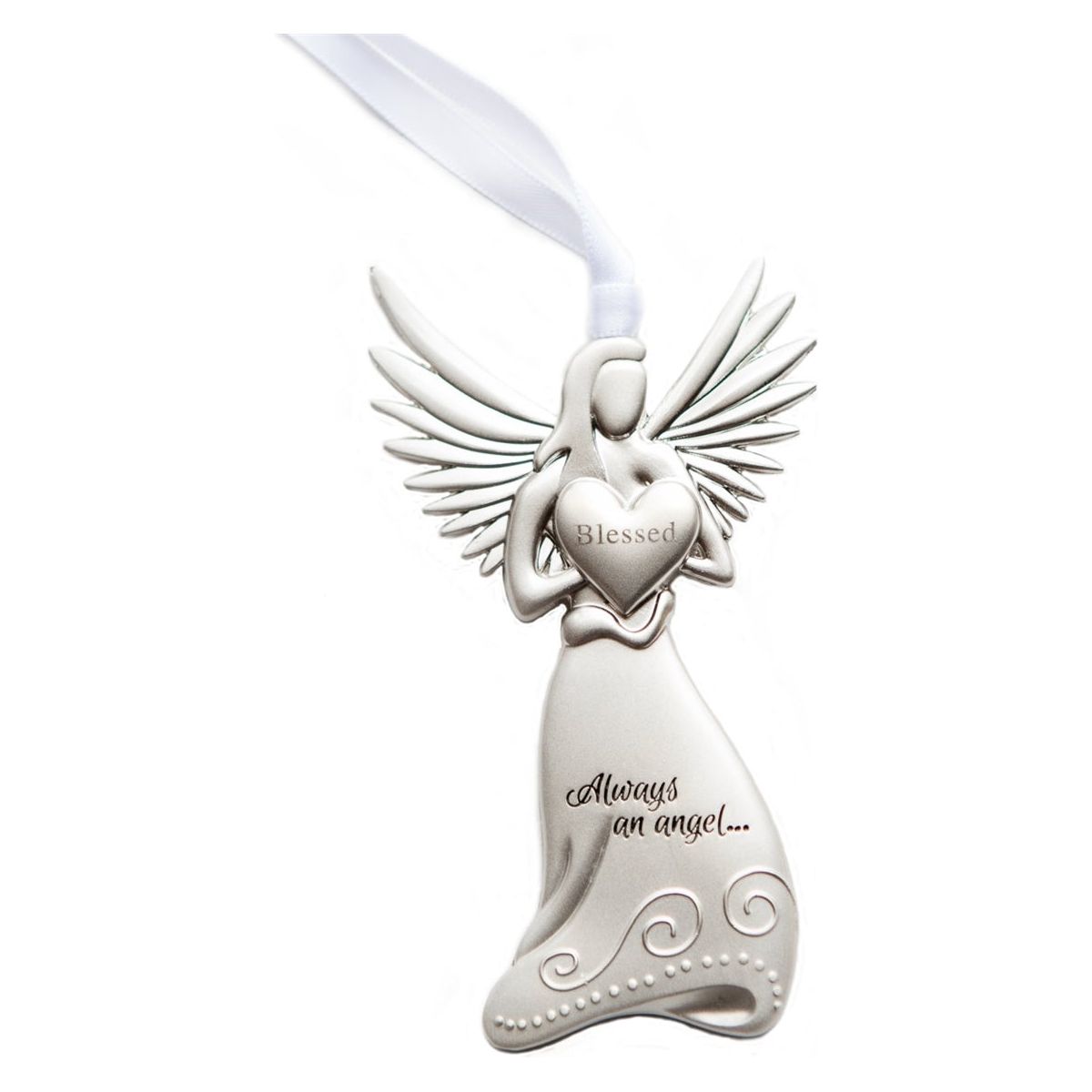 Silver toned metal angel holding a heart with the word "Blessed" in the center and "Always and angel ..." engraved on the angel's skirt