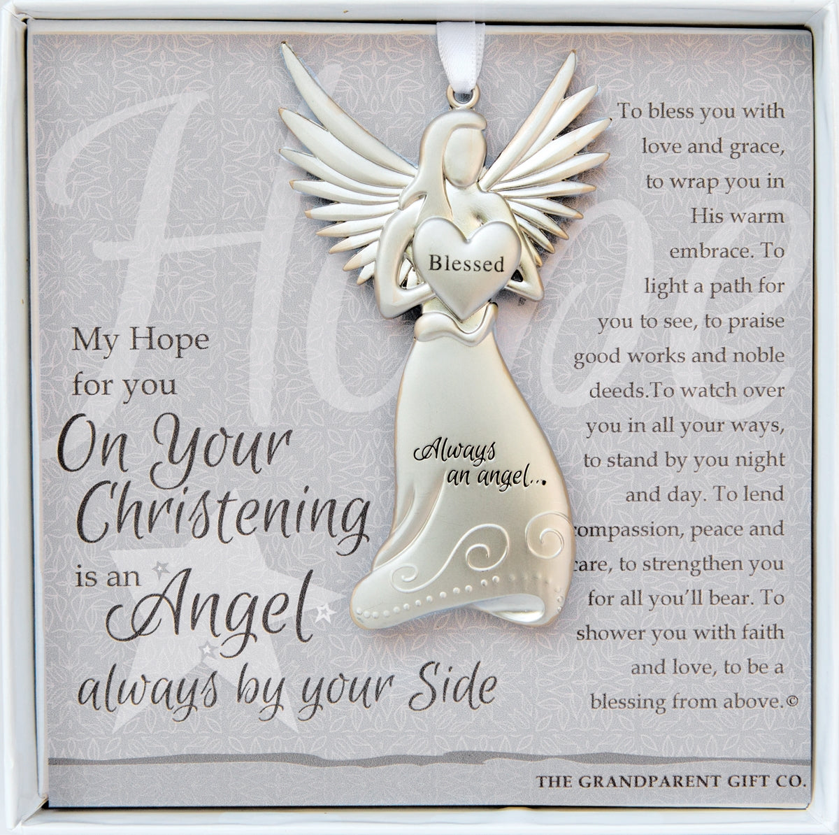Christening Gift - 4" metal blessed angel ornament with "On Your Christening" poem in white box with clear lid.