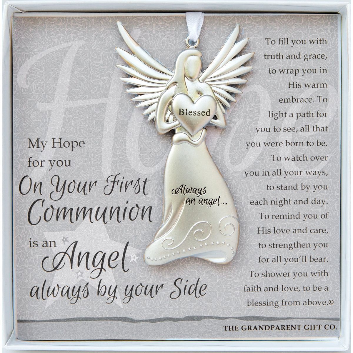 First Communion Gift - 4&quot; metal blessed angel ornament with &quot;On Your First Communion&quot; poem in white box with clear lid.
