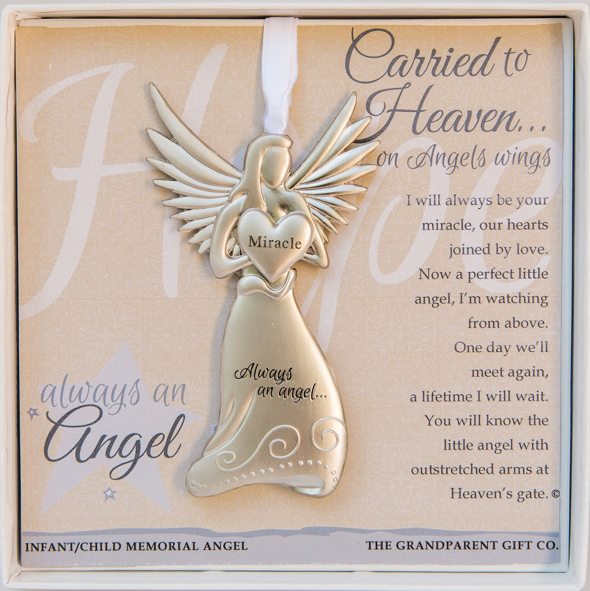 Infant Loss Gift - 4" metal miracle angel ornament with "Carried to Heaven" poem in white box with clear lid.
