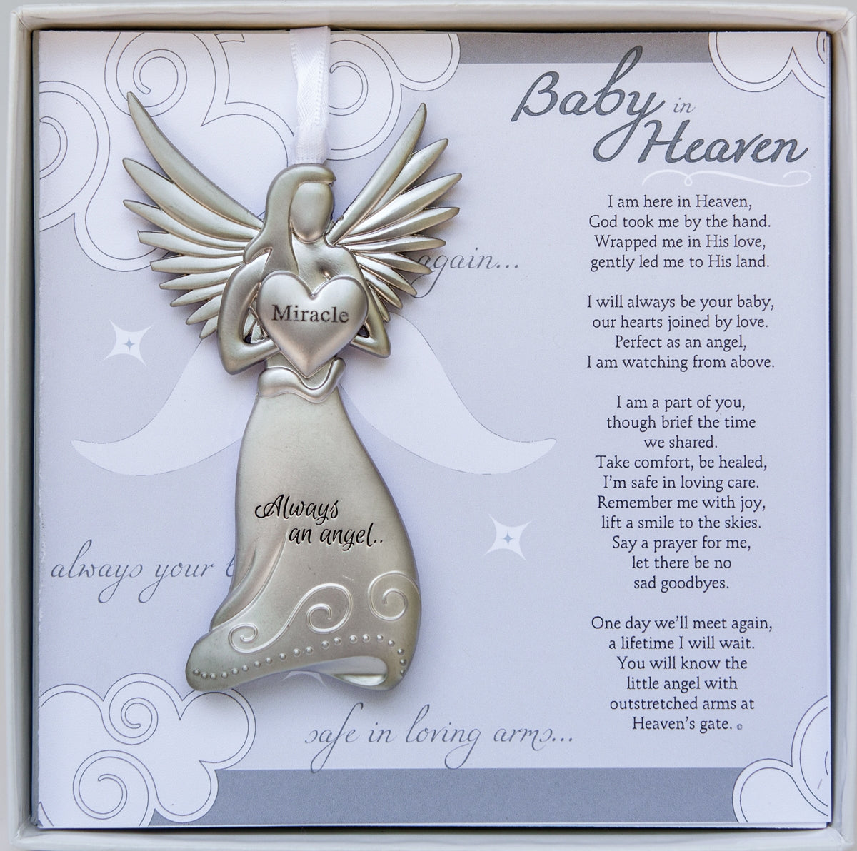 Infant Loss Memorial Gift - 4" metal miracle angel ornament with "Baby in Heaven" poem card in white box with clear lid