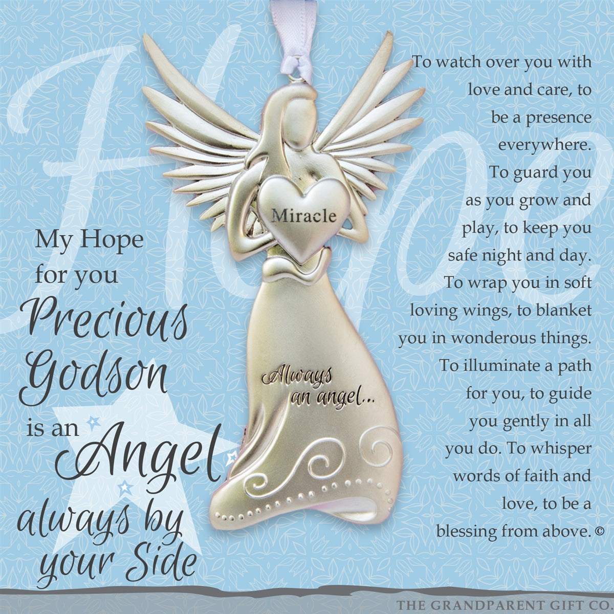 Godson Gift - 4" metal miracle angel ornament with "Precious Godson" poem in white box with clear lid.