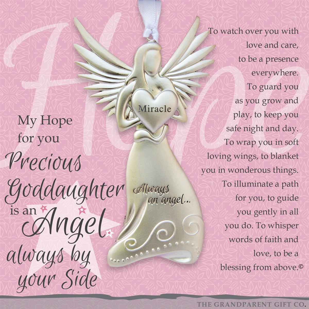 Goddaughter Gift - 4" metal miracle angel ornament with "Precious Goddaughter" poem in white box with clear lid.