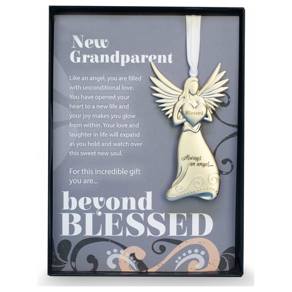 Gift for New Grandparent- 4" metal blessed angel ornament with "New Grandparent" Beyond Blessed sentiment in black gift box with clear lid.