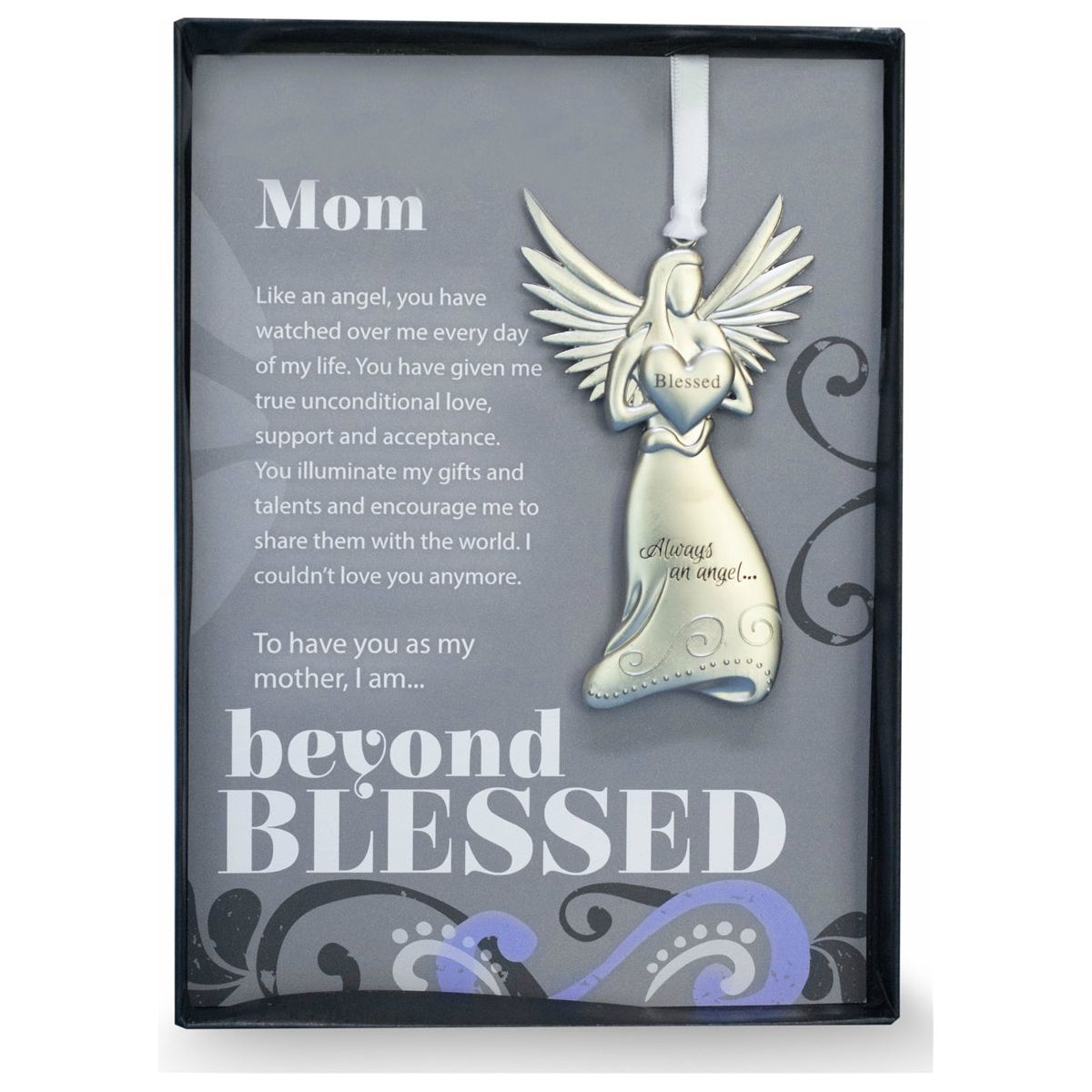 Gift for Mom- 4" metal blessed angel ornament with "Mom" Beyond Blessed sentiment in black gift box with clear lid.