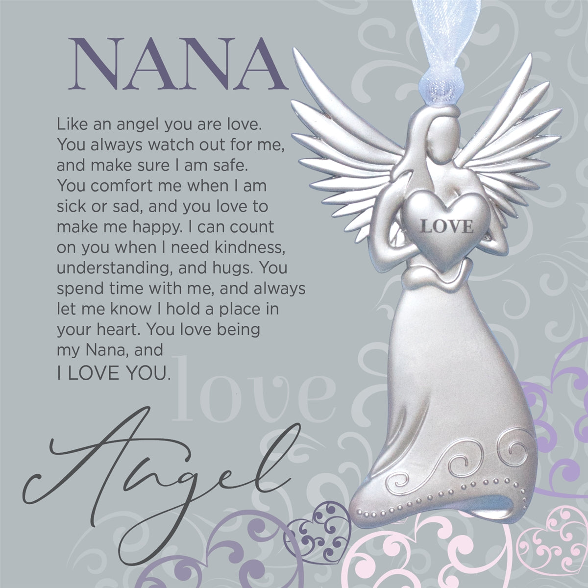 Nana Gift - 4" metal love angel ornament with "Nana" poem in white box with clear lid.