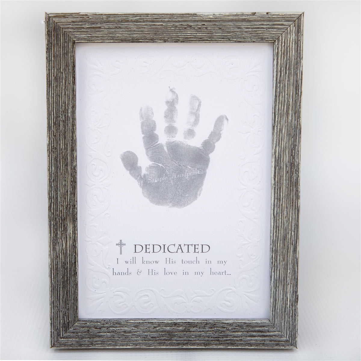 5x7 farmhouse frame with "Dedicated" Sentiment on embossed cardstock with space for a child's handprint.