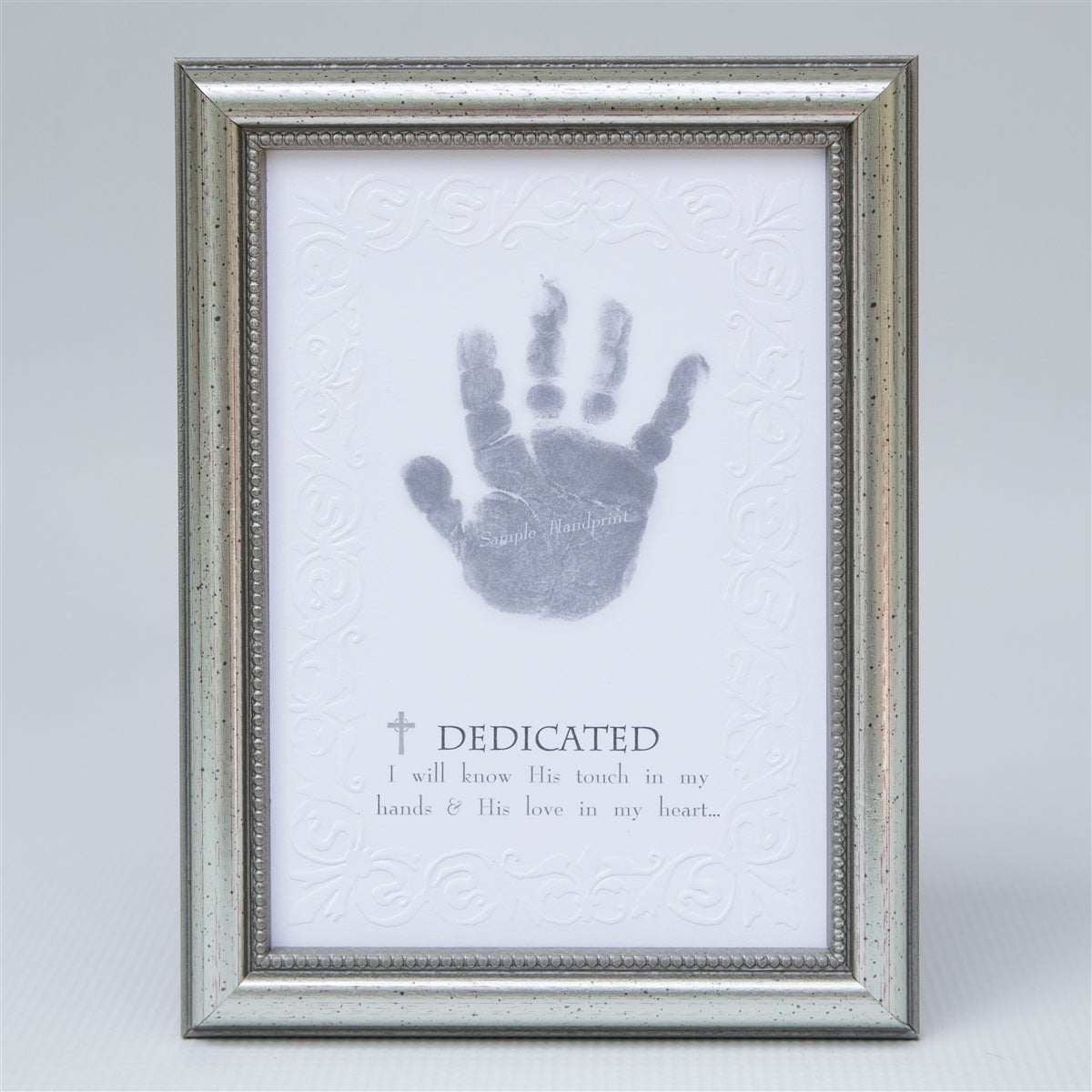 Dedicated handprint keepsake in elegant frame in silver with embossed beaded design.