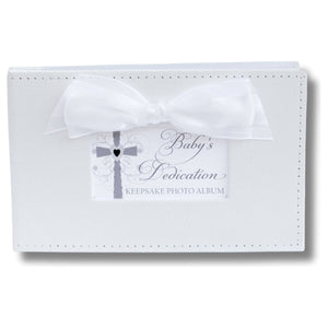 1 of 7:Baby's Dedication white faux suede keepsake photo album with white sheer bow.