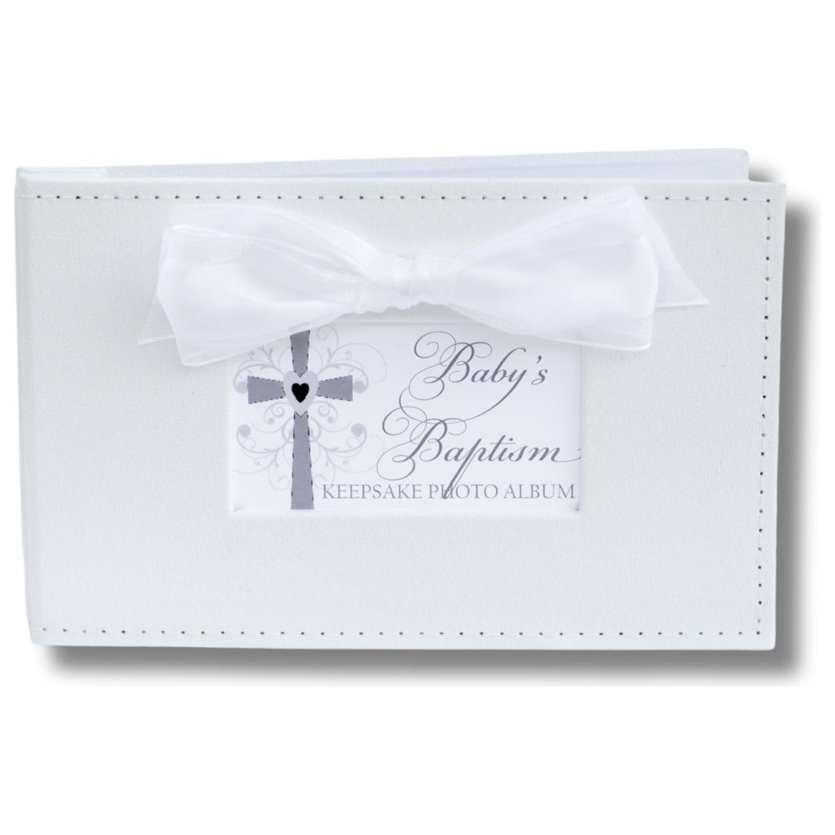 Baby&#39;s Baptism white faux suede keepsake photo album with white sheer bow.
