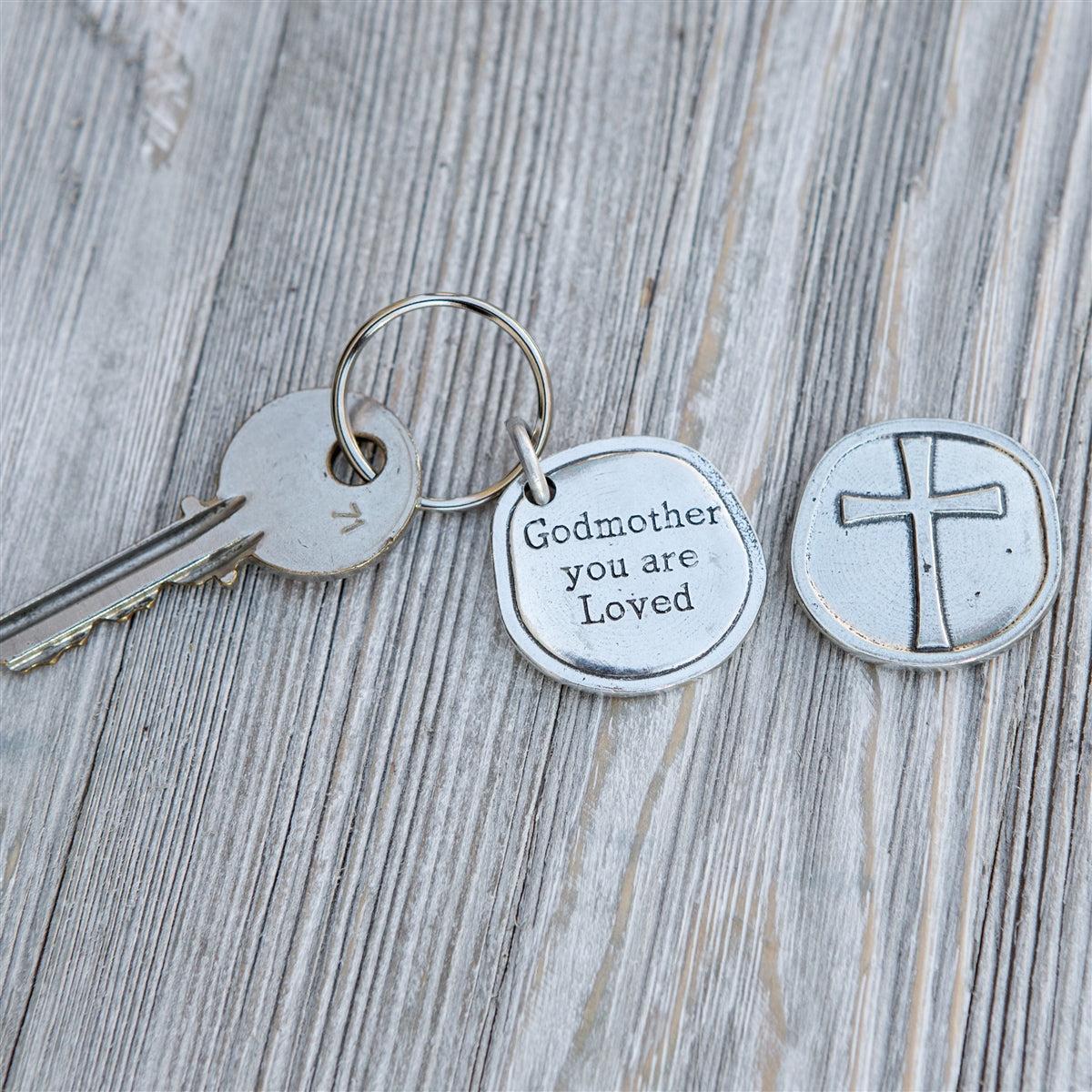 Pewter coin keychain with &quot;Godmother you are Loved&quot; on front and cross on the back.