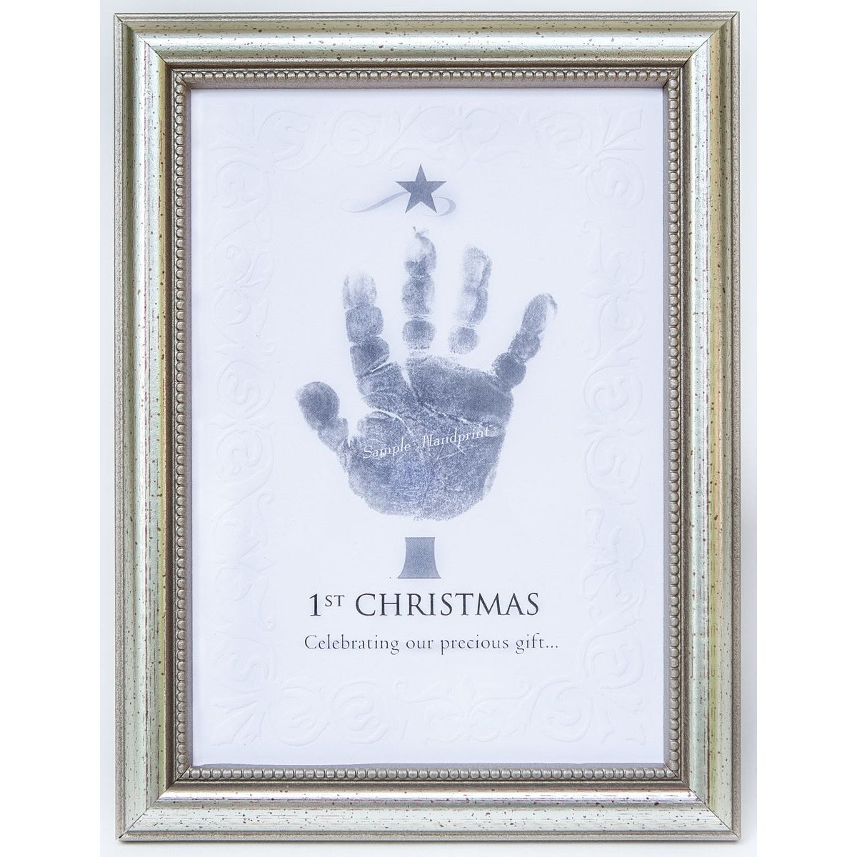1st Christmas handprint keepsake in elegant frame in silver with embossed beaded design.