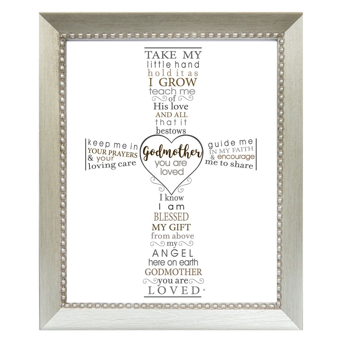 8x10 silver toned beaded wood frame with "Godmother you are loved" poem.