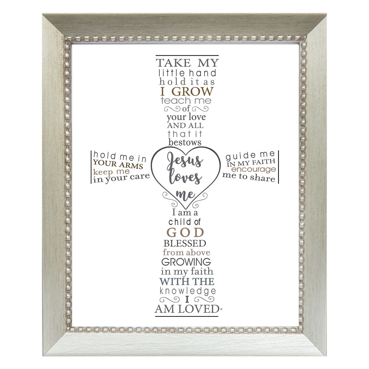Jesus Loves Me framed poem in the shape of a cross.  Artwork is in an 8x10" silver wood frame with beading detail.