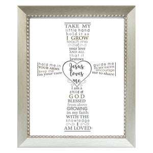1 of 2:Jesus Loves Me framed poem in the shape of a cross.  Artwork is in an 8x10