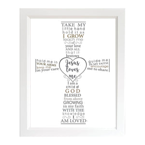 2 of 2:Jesus Loves Me framed poem in the shape of a cross.  Artwork is in an 8x10