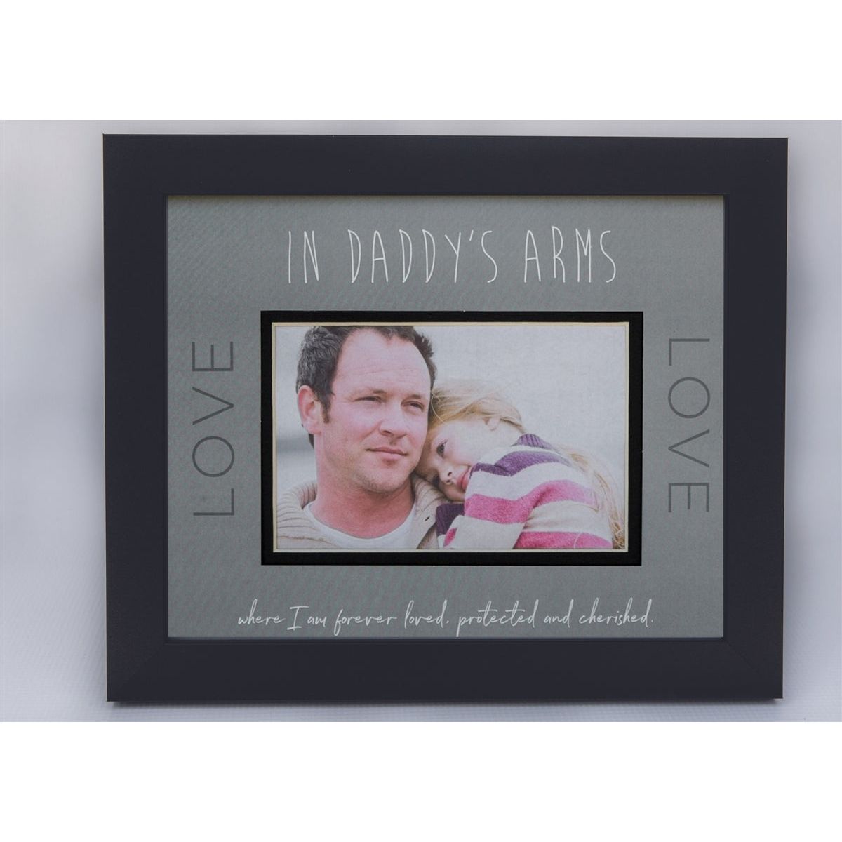 8x10 black frame with gray &quot;In Daddy&#39;s Arms&quot; artwork, black inner mat, and an opening for a photograph.