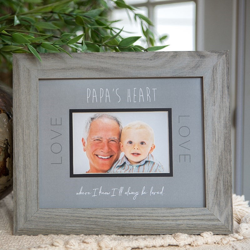 8x10 distressed gray wood frame with gray "Papa's Heart" artwork, black inner mat, and an opening for a photograph.